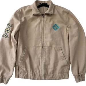Zara Jacket Men's Medium Beige Cotton Lined Pockets Southwestern Aztec Rare